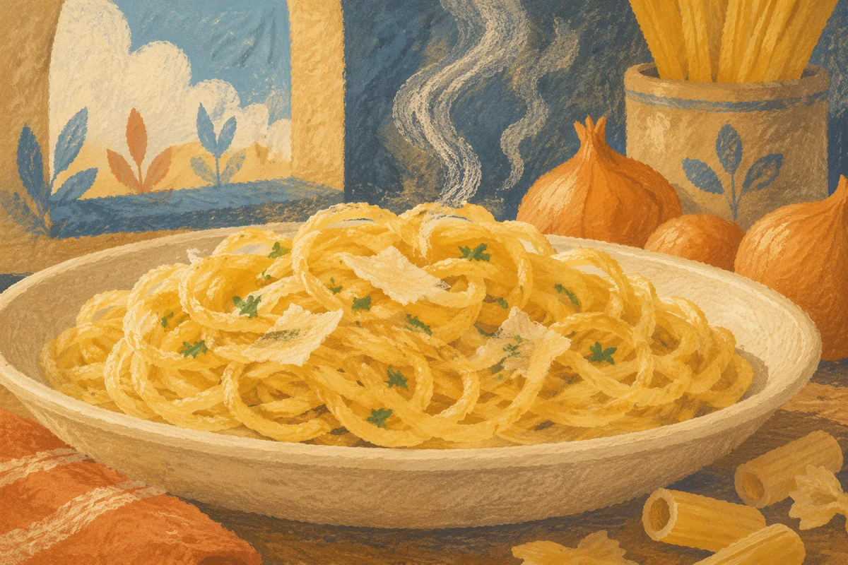 Steaming Golden Pasta in Warm Kitchen Light