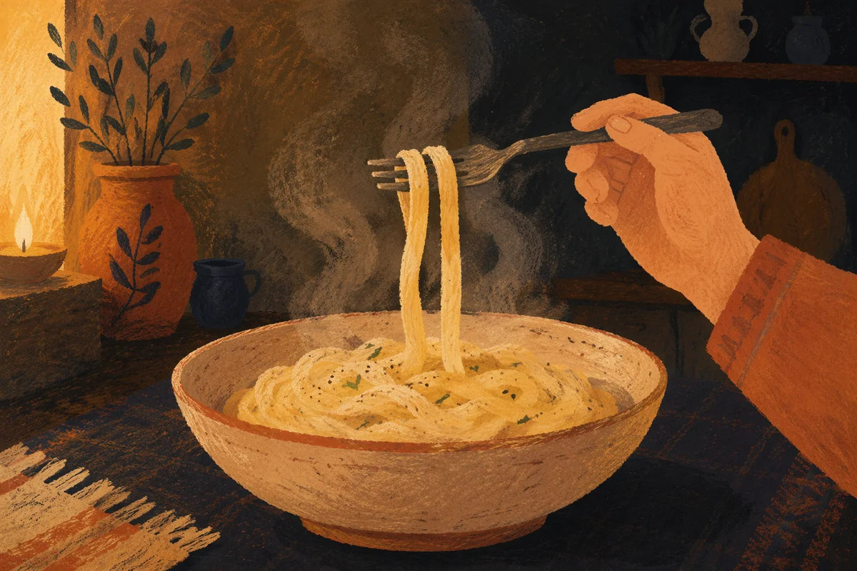 Steaming Creamy Pasta in Warm Light