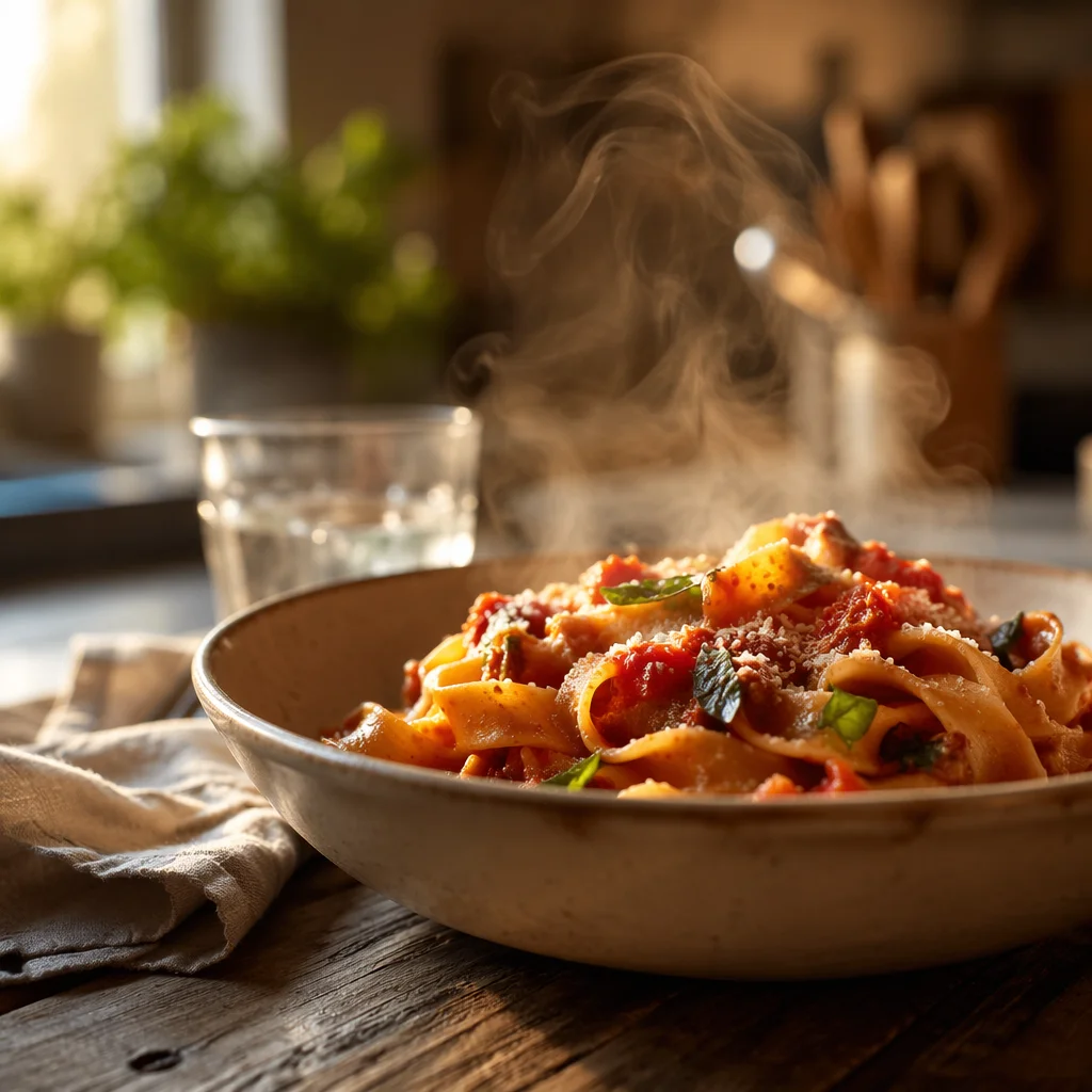 Steaming Pasta in Warm Golden Light