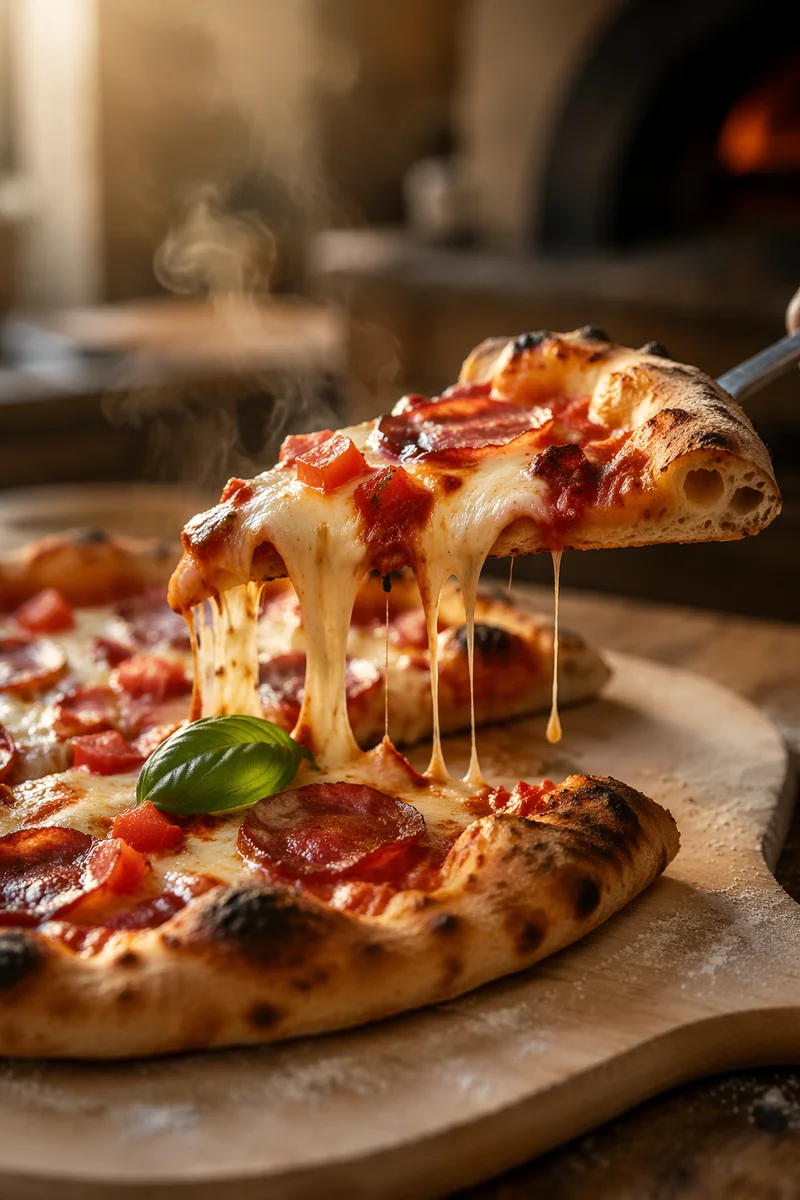 Fresh Oven Pizza With Melting Cheese Pull