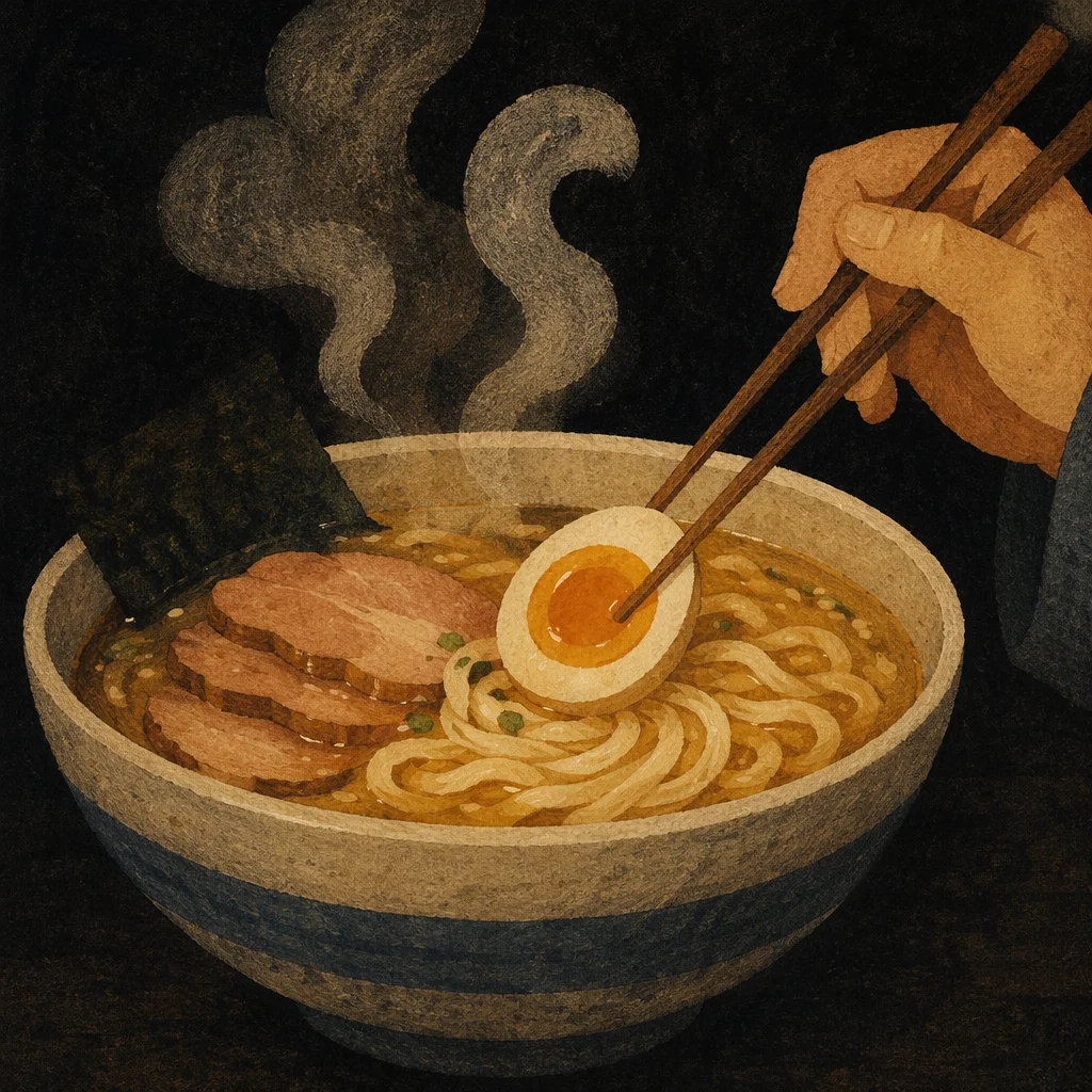 Steaming Ramen Bowl with Chopsticks Close-Up