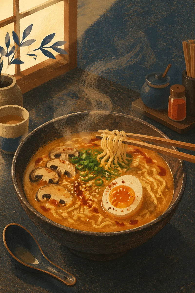 Steaming Ramen Bowl with Chopsticks Close-Up
