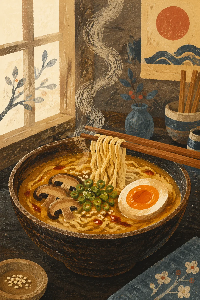 Steaming Ramen Bowl with Wooden Chopsticks