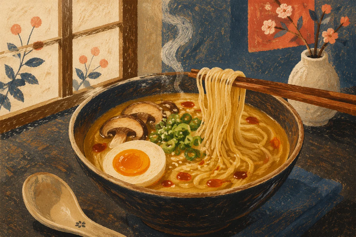 Steaming Ramen Bowl with Wooden Chopsticks