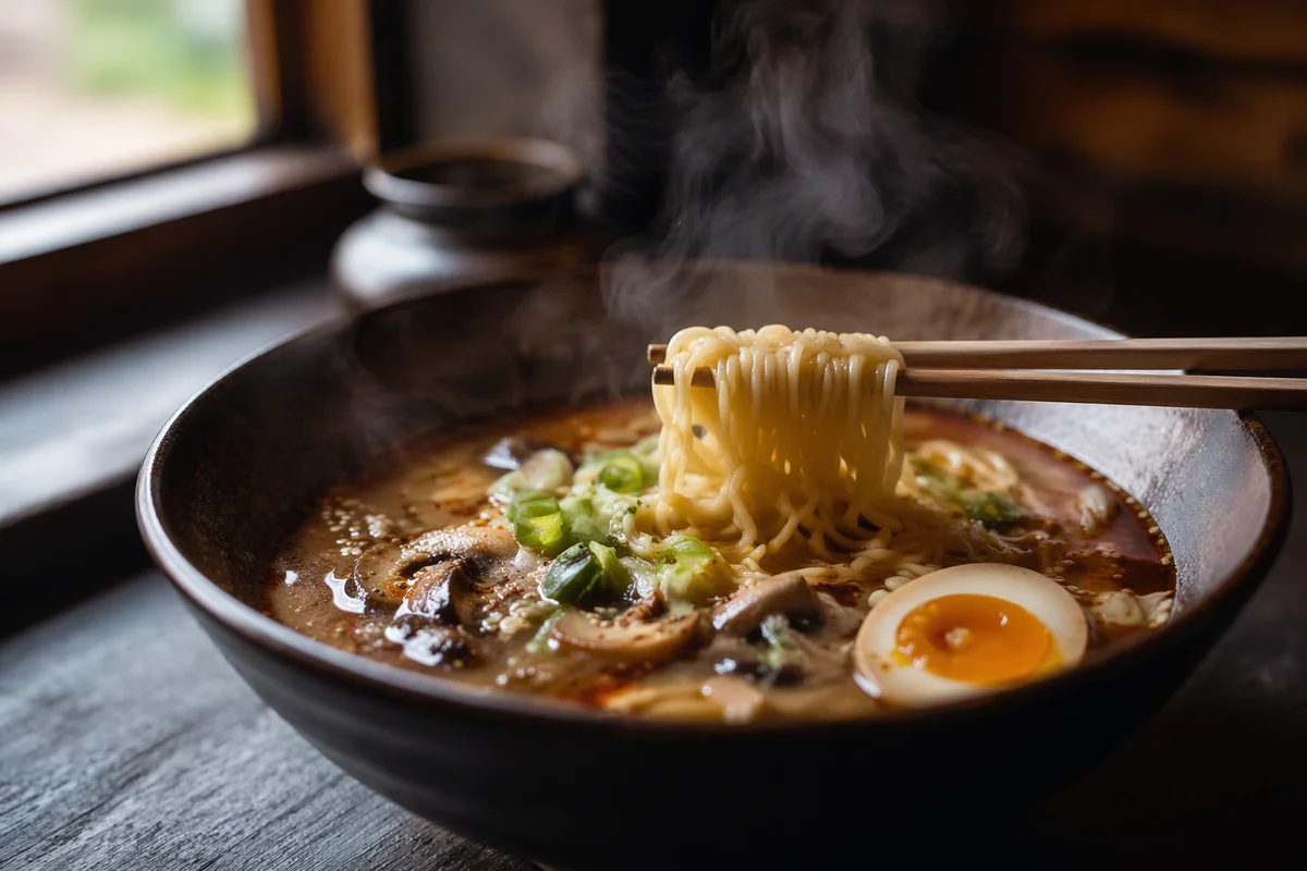 Steaming Ramen Bowl with Wooden Chopsticks