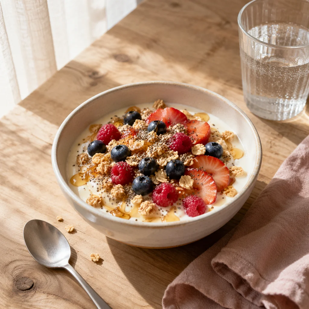 Berry Smoothie Bowl Breakfast Overhead Scene