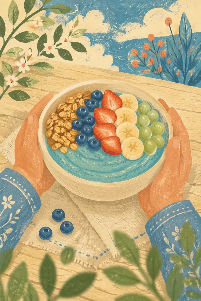 Turquoise Smoothie Bowl with Granola and Berries
