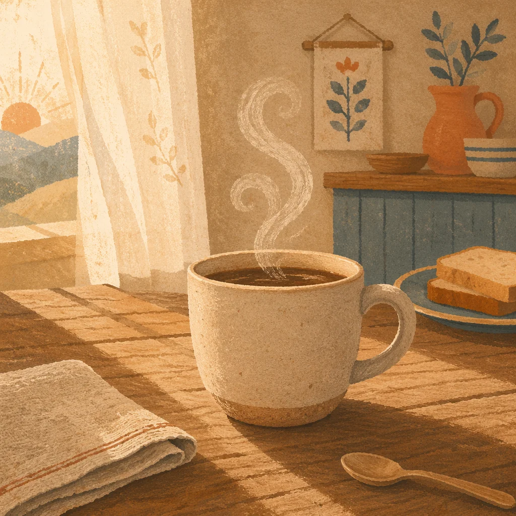 Steaming Morning Coffee on Rustic Table