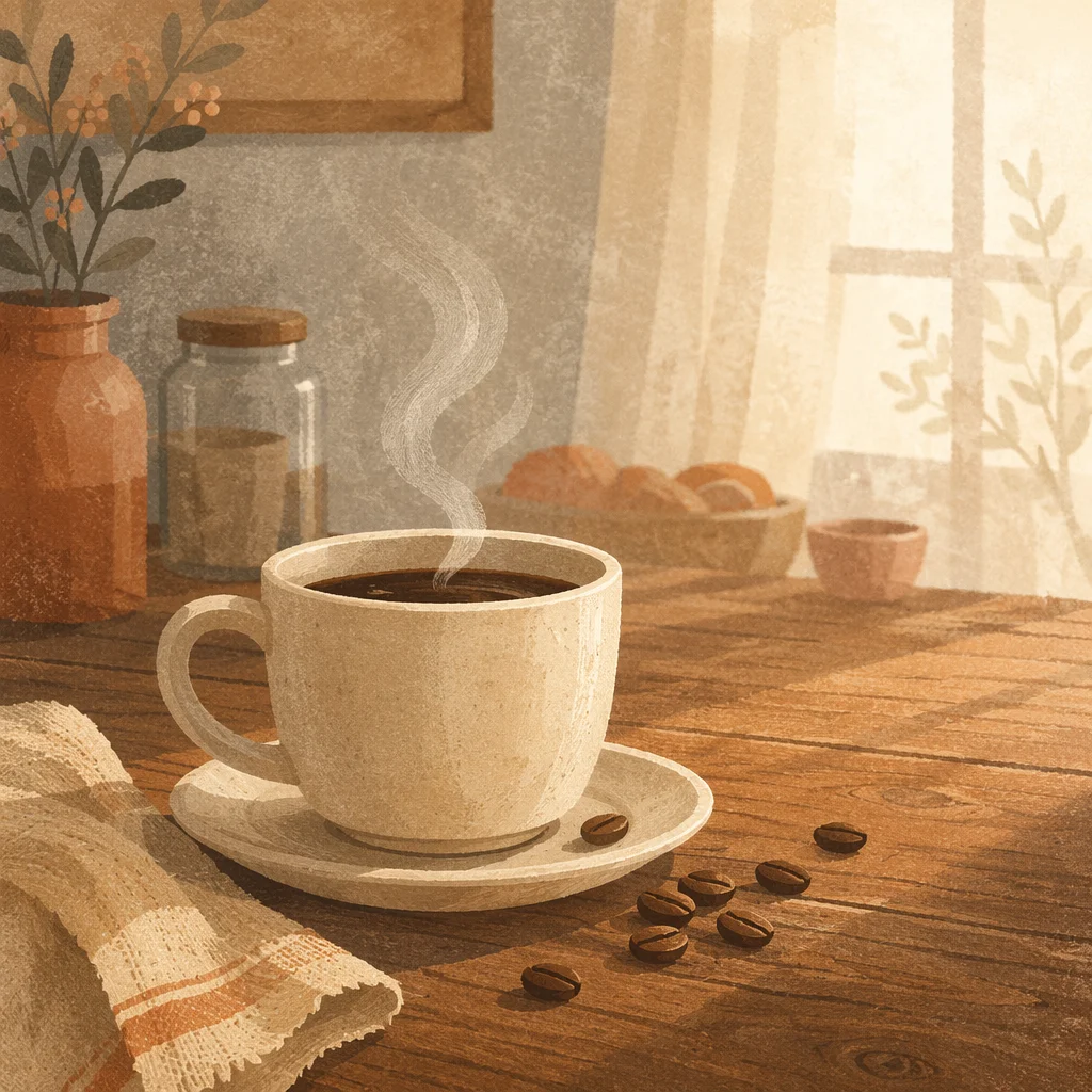 Steaming Morning Coffee on Rustic Table