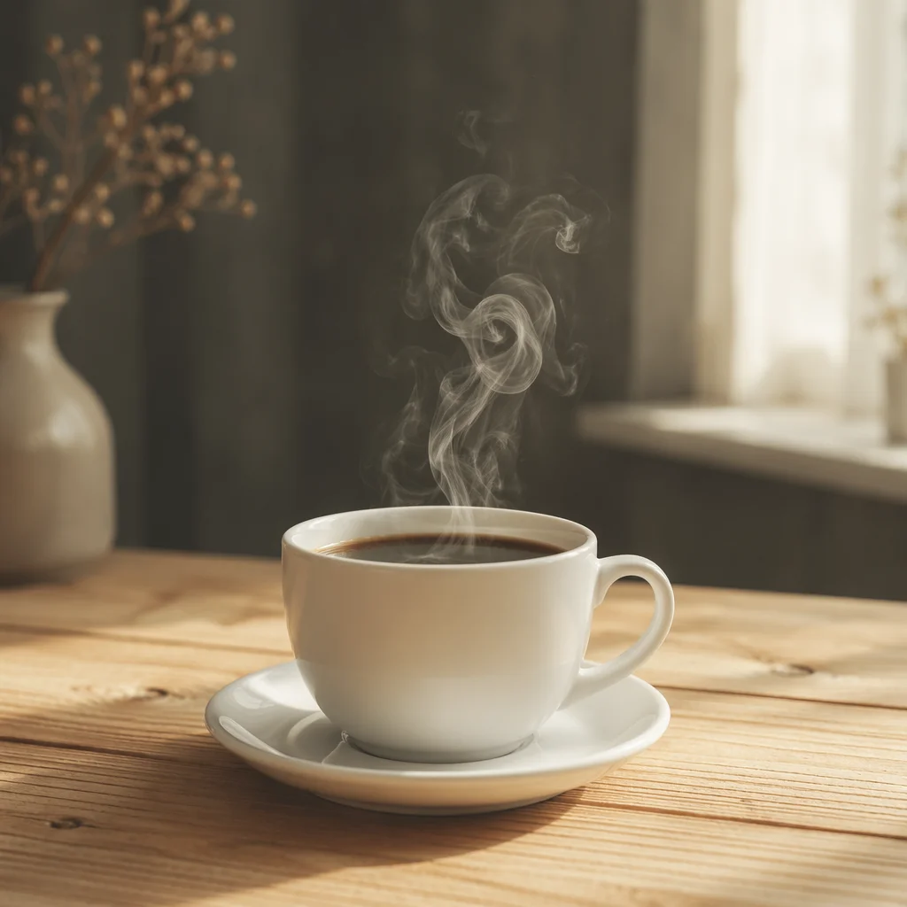 Steaming Morning Coffee on Wooden Table