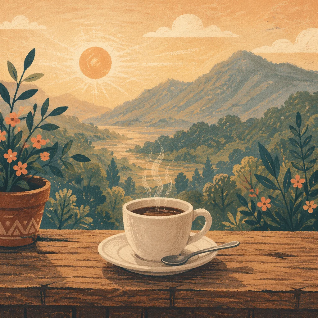 Steaming Morning Coffee with Mountain Sunrise