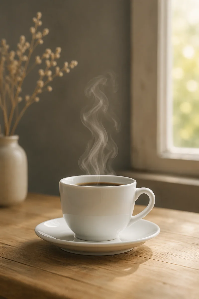 Steaming Morning Coffee on Wooden Table