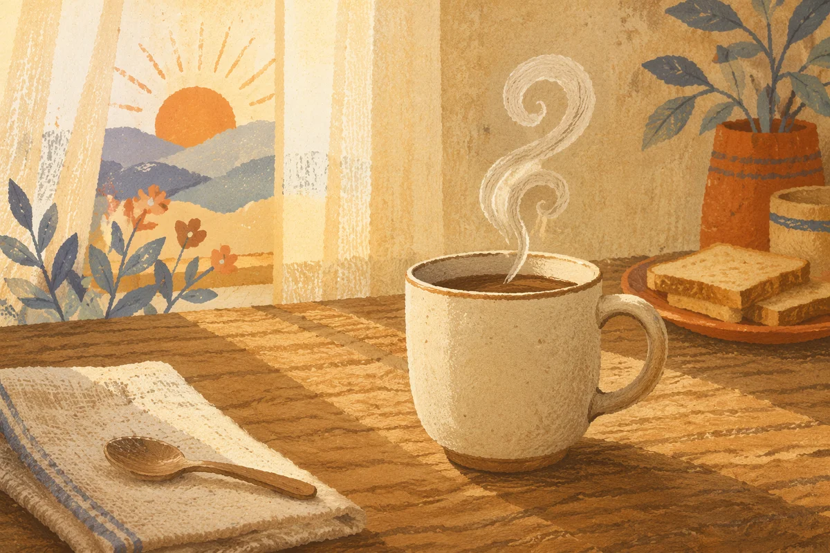 Steaming Morning Coffee on Rustic Table