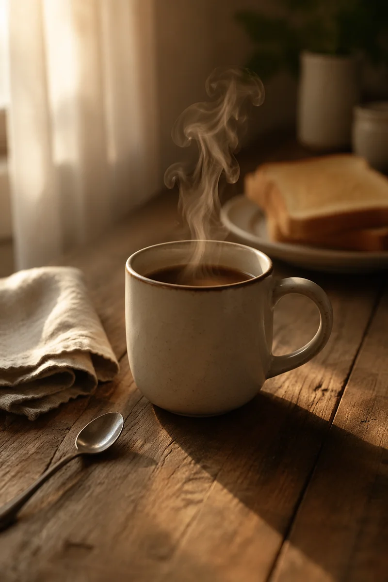 Steaming Morning Coffee on Rustic Table