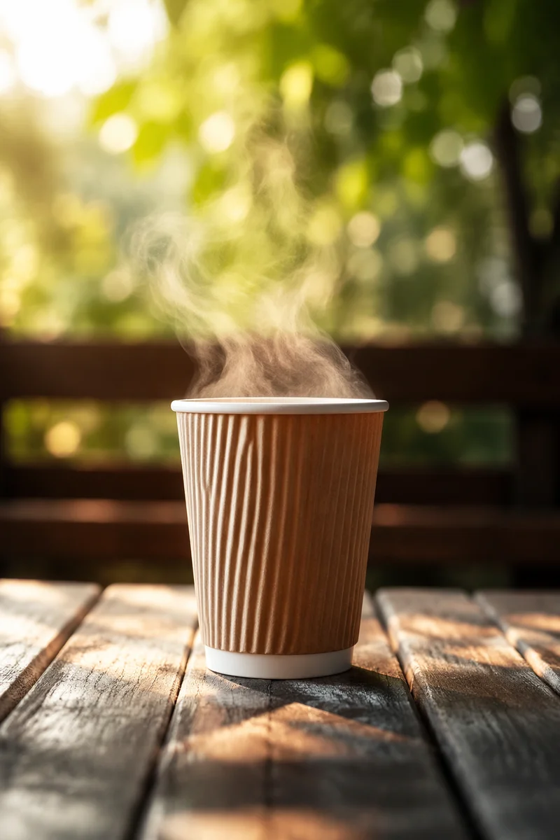 Steaming Coffee Cup on Rustic Morning Table