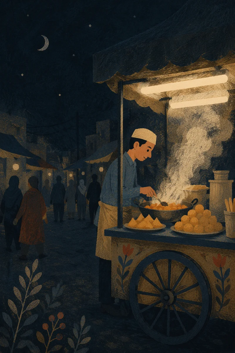 Steaming Street Food Stall at Night