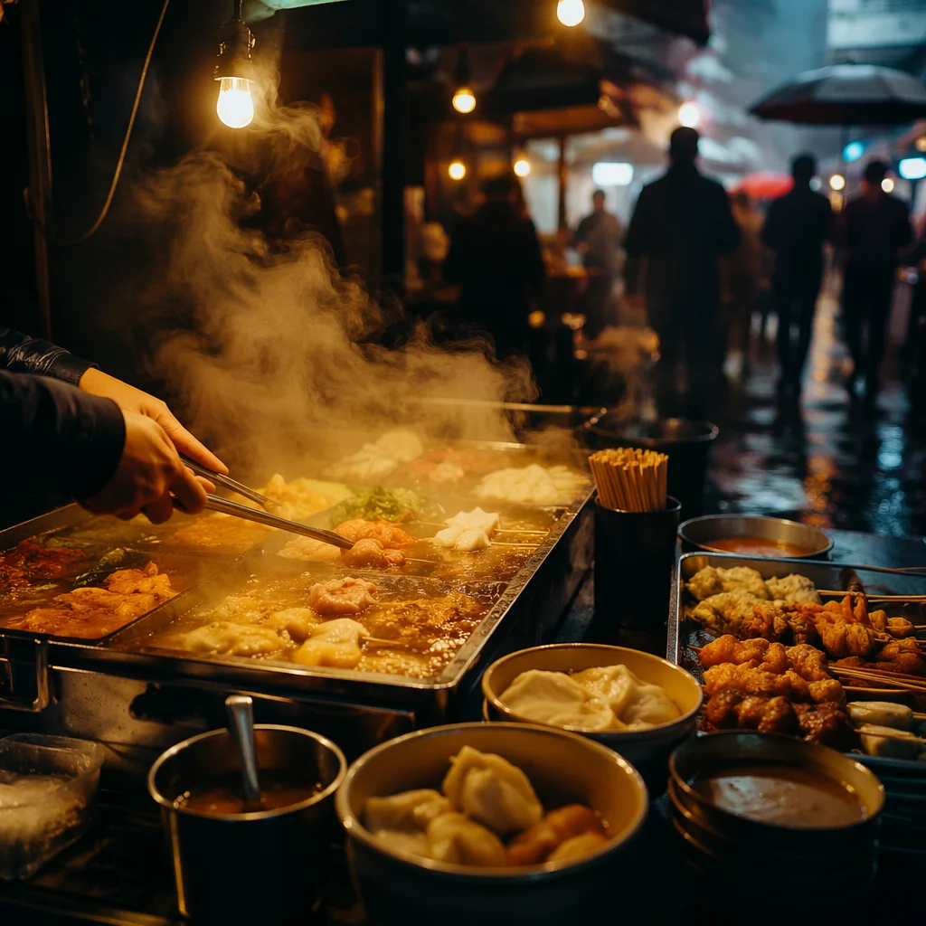 Steaming Street Food Stall at Night