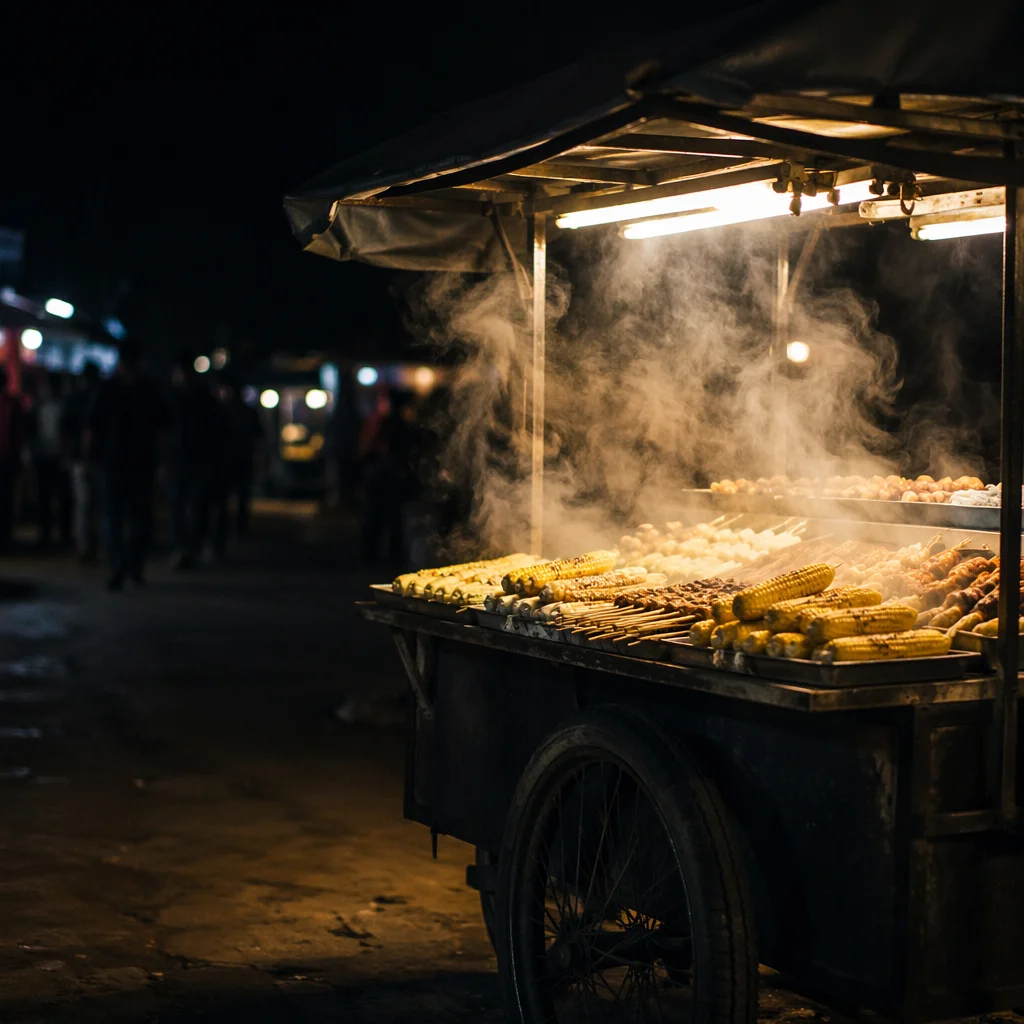 Steaming Street Food Stall at Night