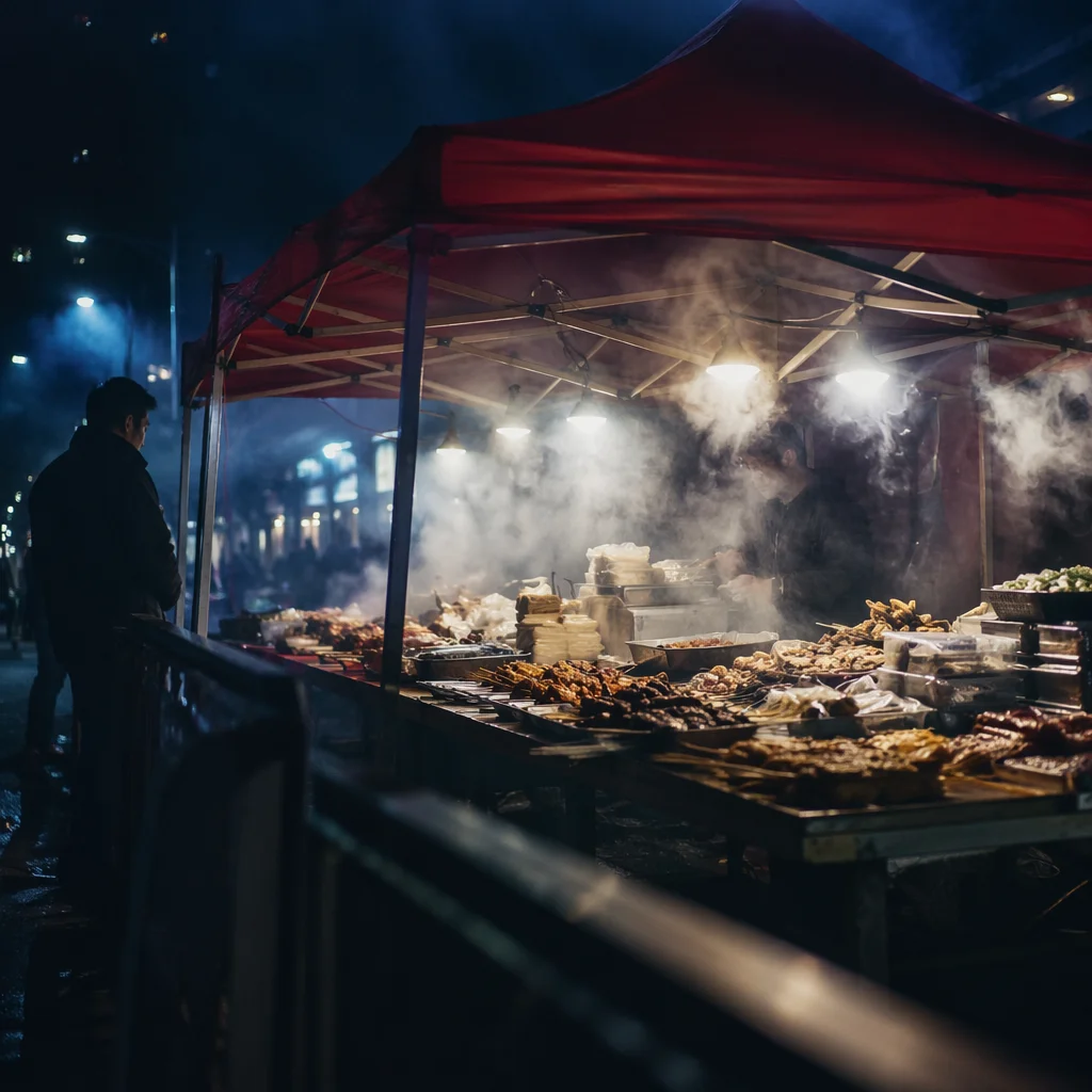 Steaming Street Food Stall at Night