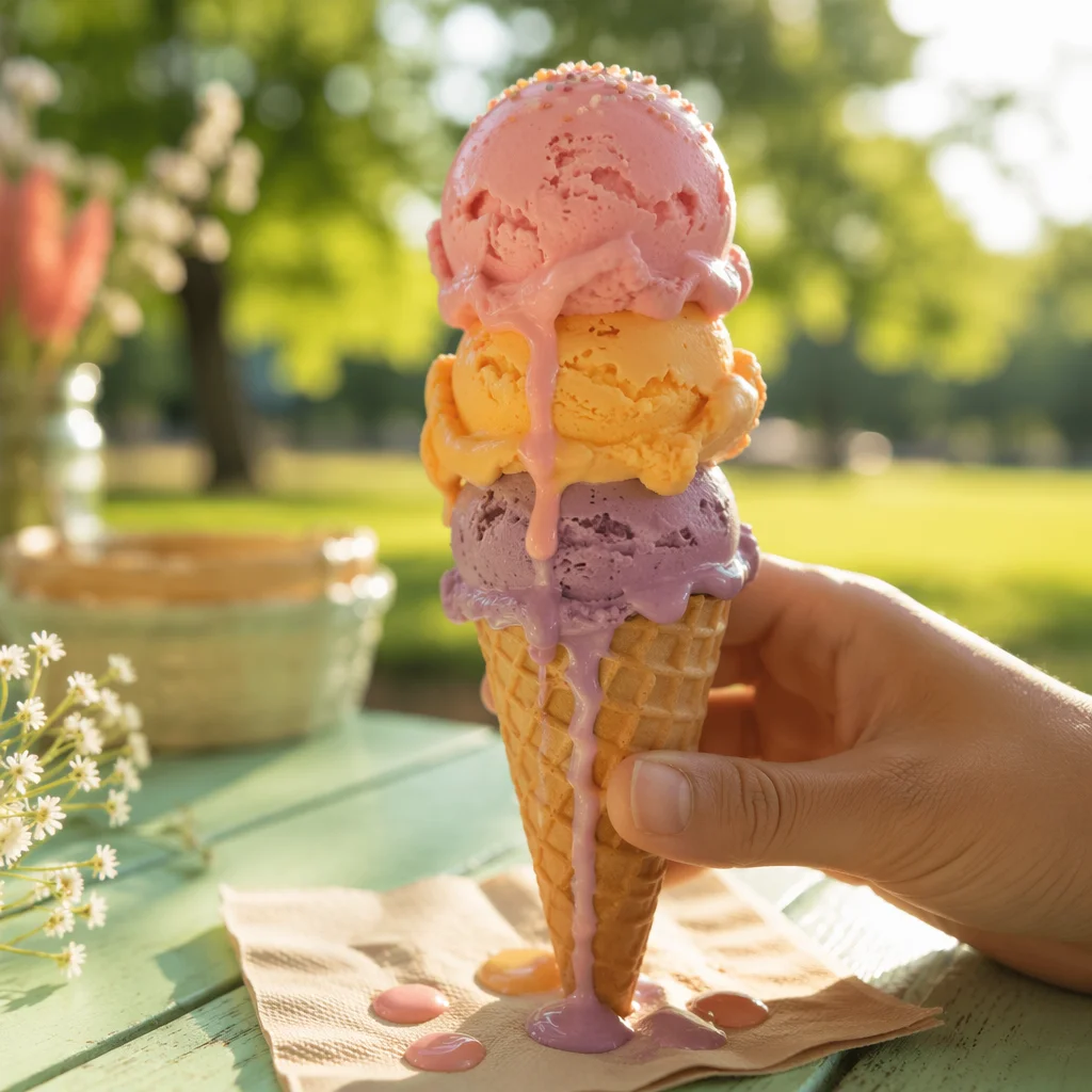Melting Summer Ice Cream Cone in Sunlight