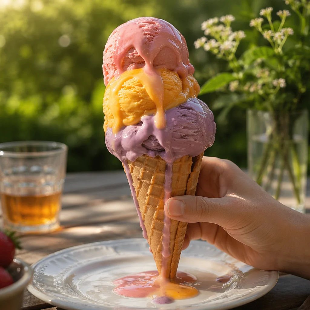 Melting Summer Ice Cream Cone in Sunlight