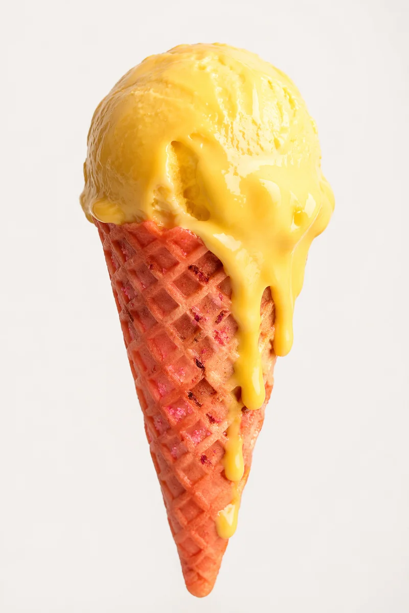 Melting Summer Ice Cream Cone on White