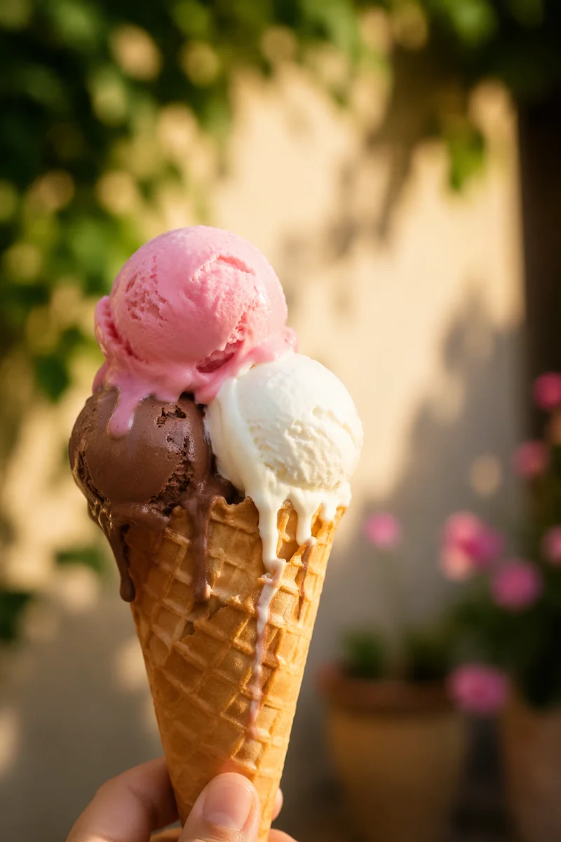 Melting Summer Ice Cream Cone in Sunlight