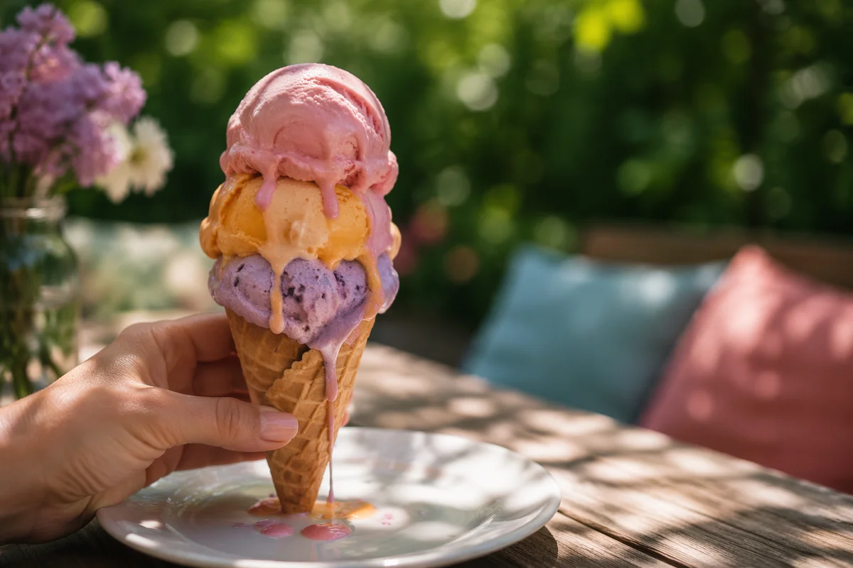 Melting Triple Scoop Ice Cream in Summer