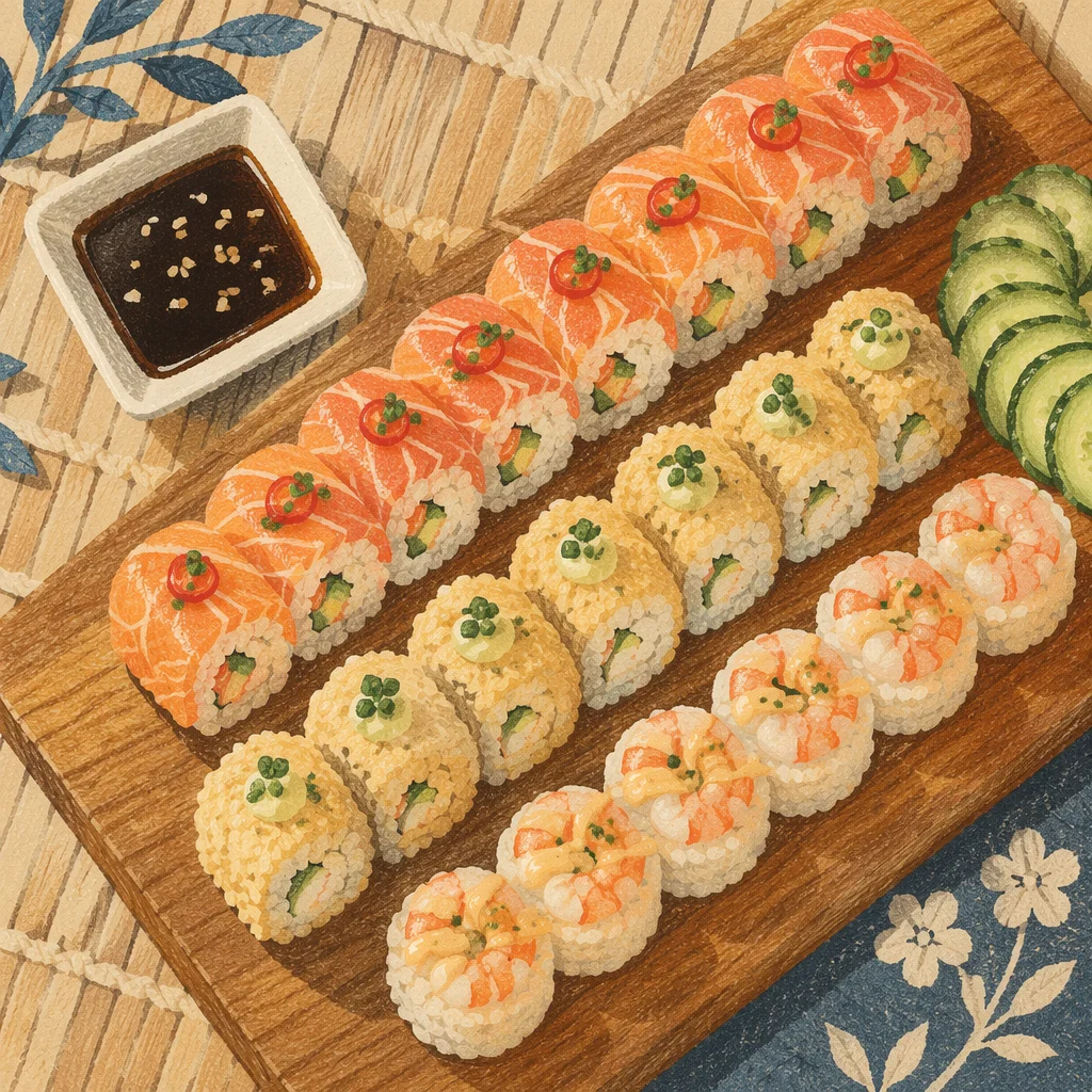 Artistic Sushi Platter on Wooden Board