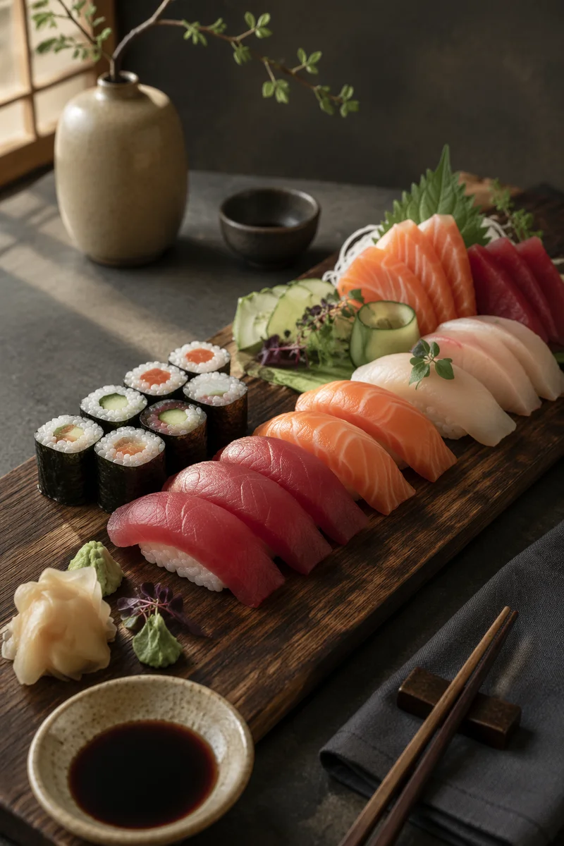 Artistic Sushi Platter on Rustic Wooden Board