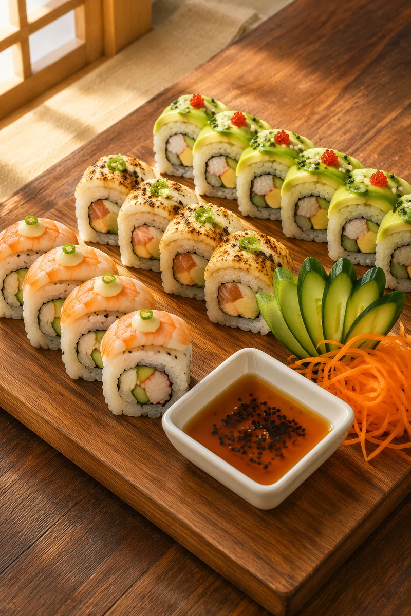 Artistic Sushi Platter on Wooden Board