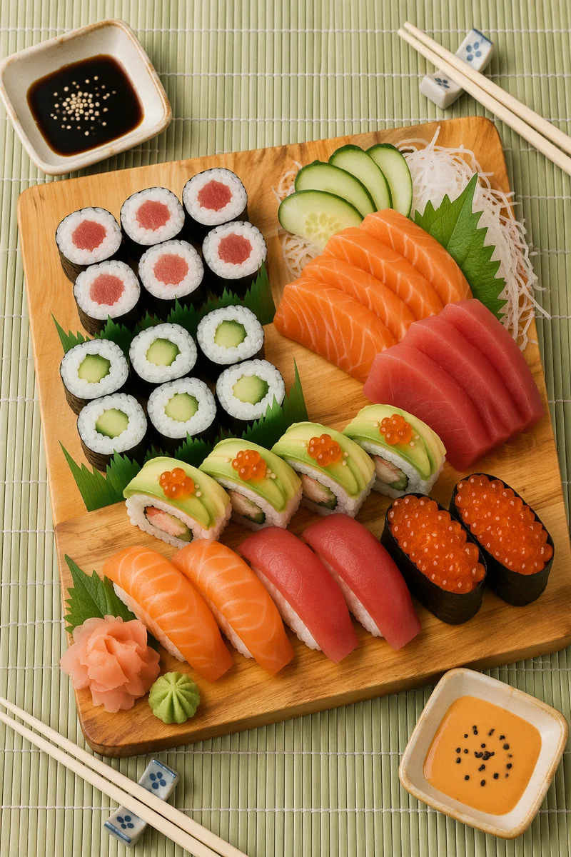 Artistic Sushi Platter on Wooden Board