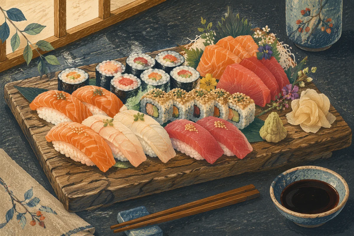 Artistic Sushi Platter on Rustic Wooden Board
