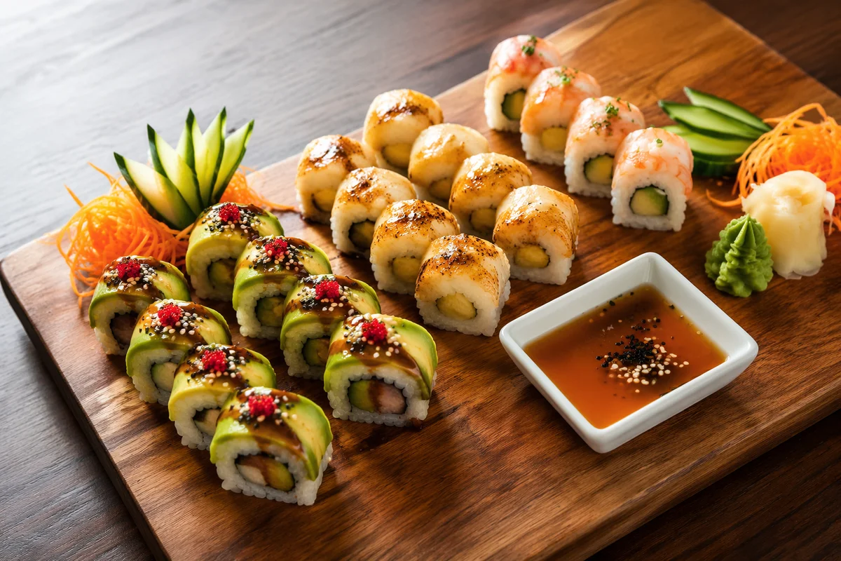 Artistic Sushi Platter on Wooden Board