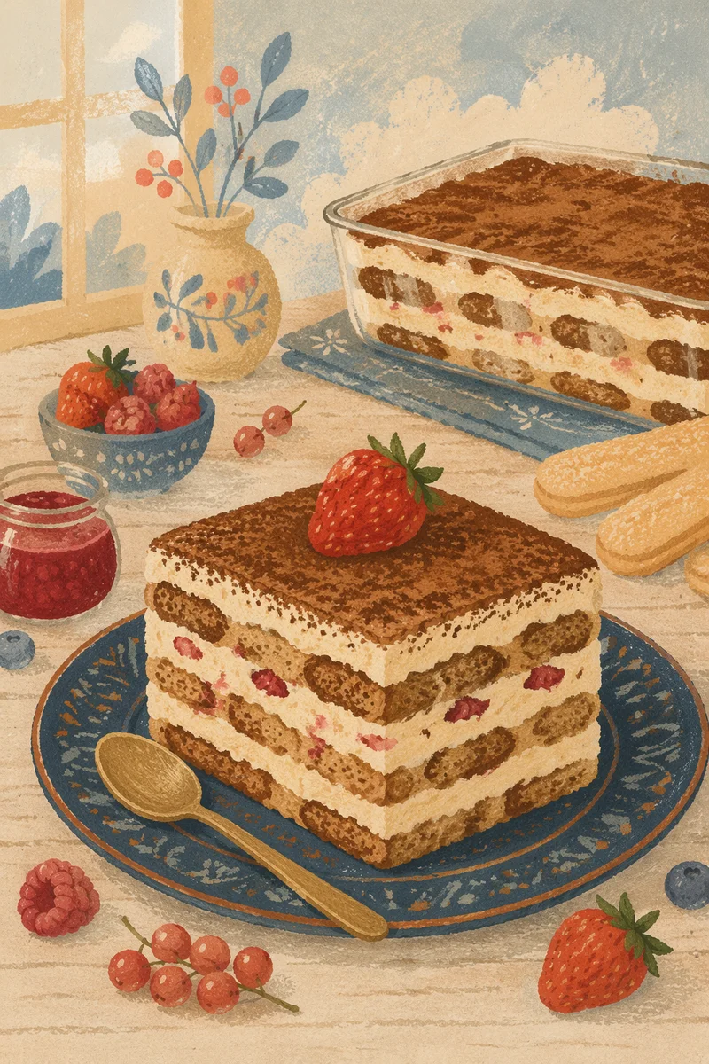 Layered Tiramisu Slice with Berry Garnish
