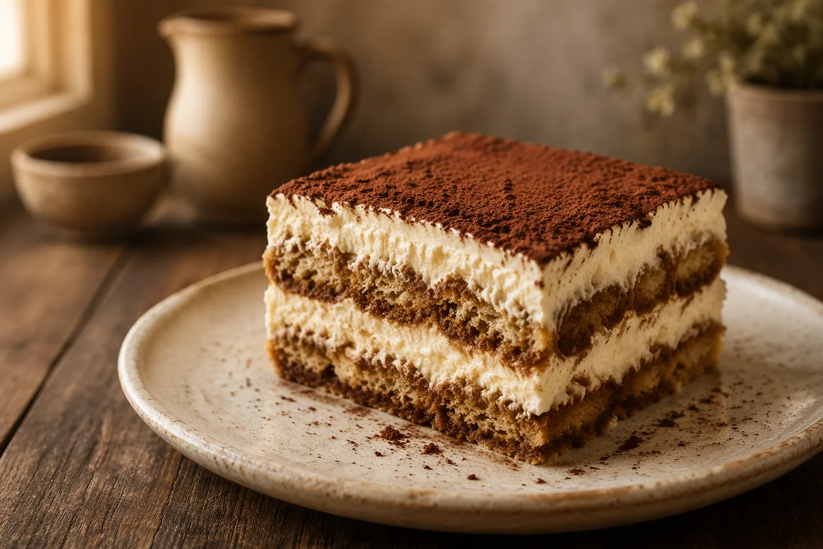 Layered Tiramisu Slice on Rustic Plate