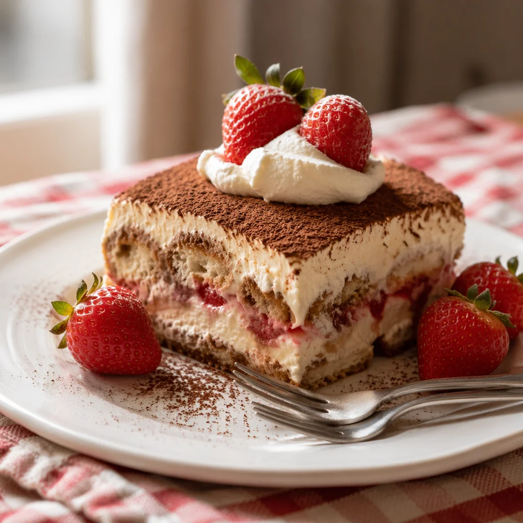 Tiramisu Slice with Strawberries and Cream