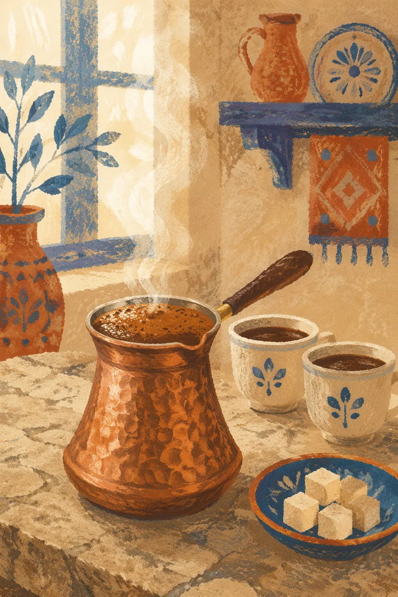 Turkish Coffee in Copper Pot Close-Up