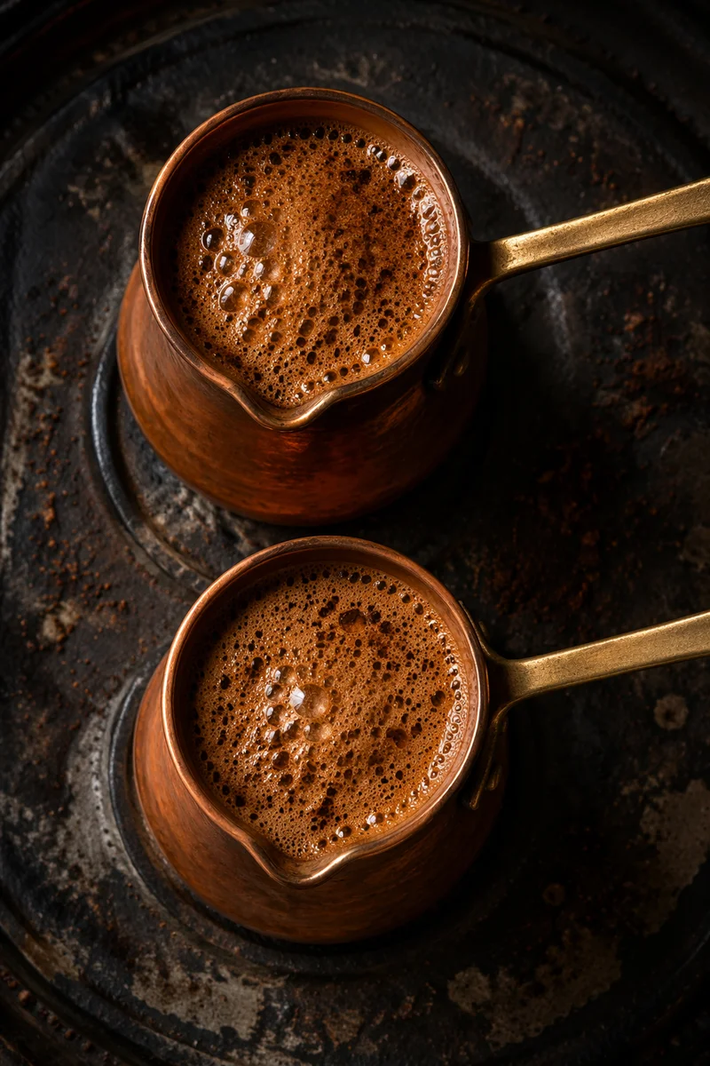 Turkish Coffee in Copper Pots Overhead