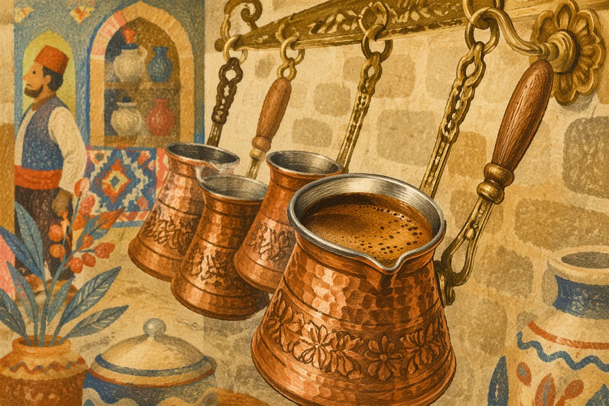 Foamy Turkish Coffee in Ornate Copper Cezve