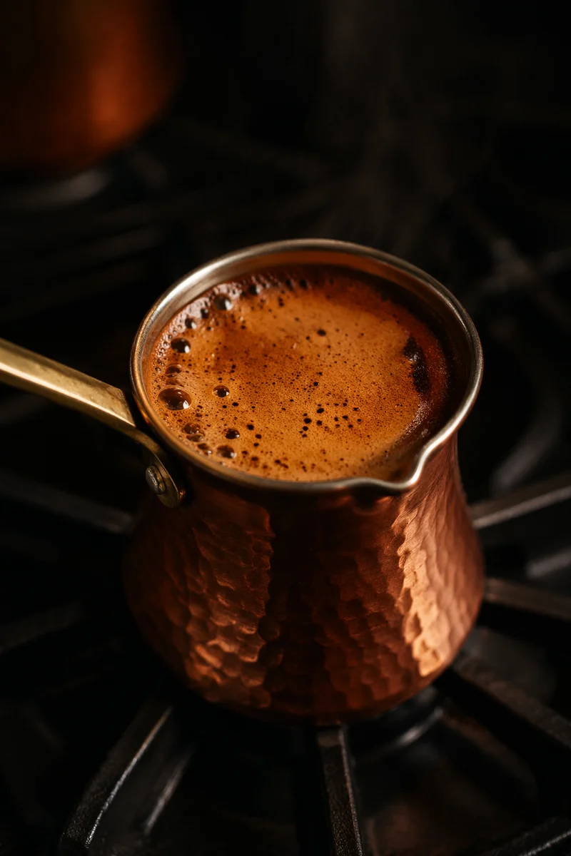 Fresh Turkish Coffee Brewing in Copper Pot