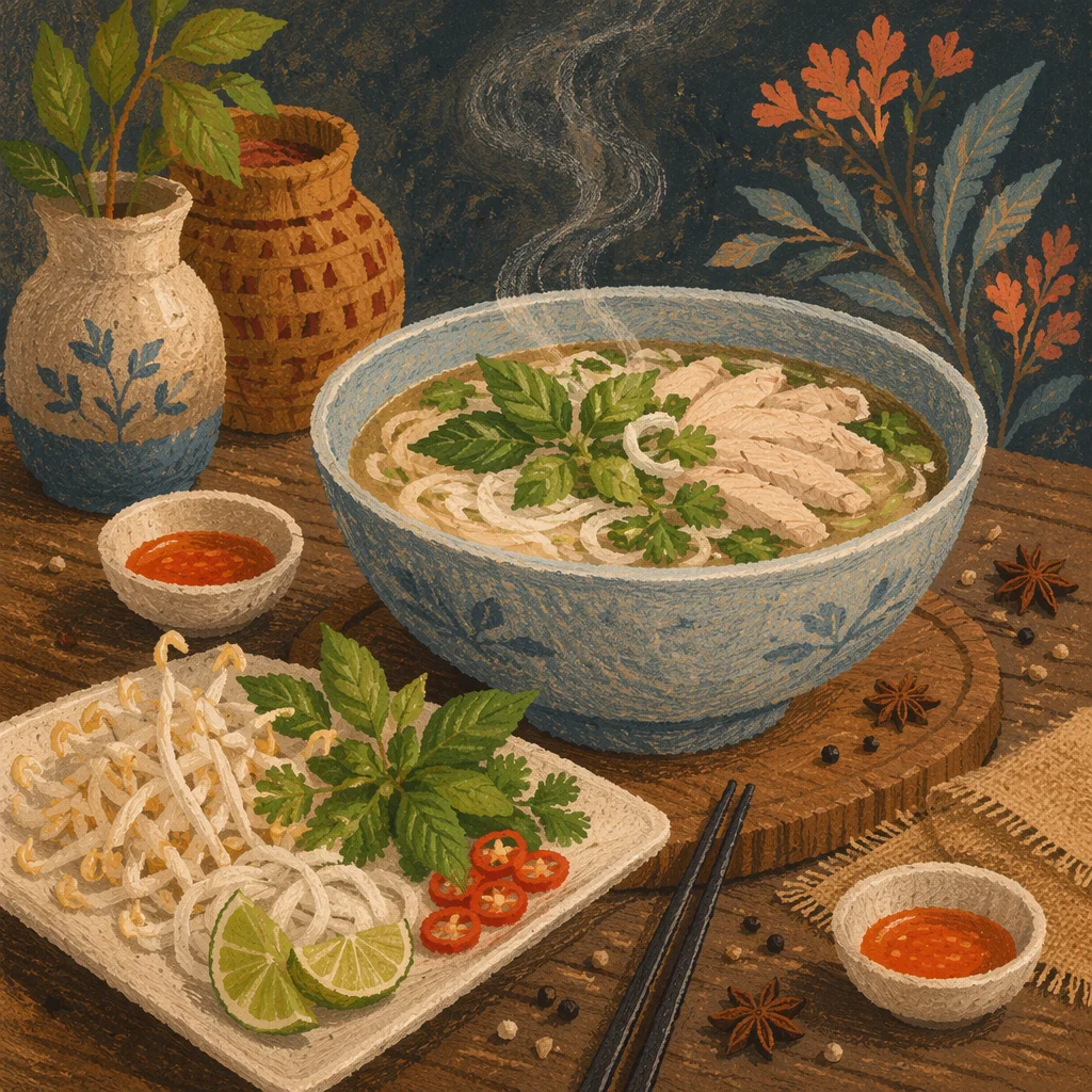 Steaming Vietnamese Pho with Fresh Herbs