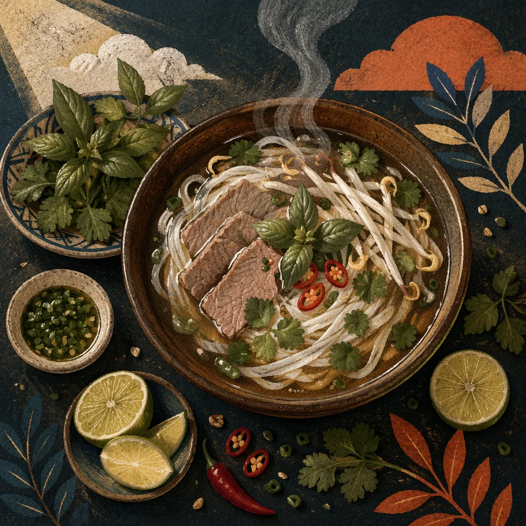 Steaming Vietnamese Pho Bowl with Fresh Herbs