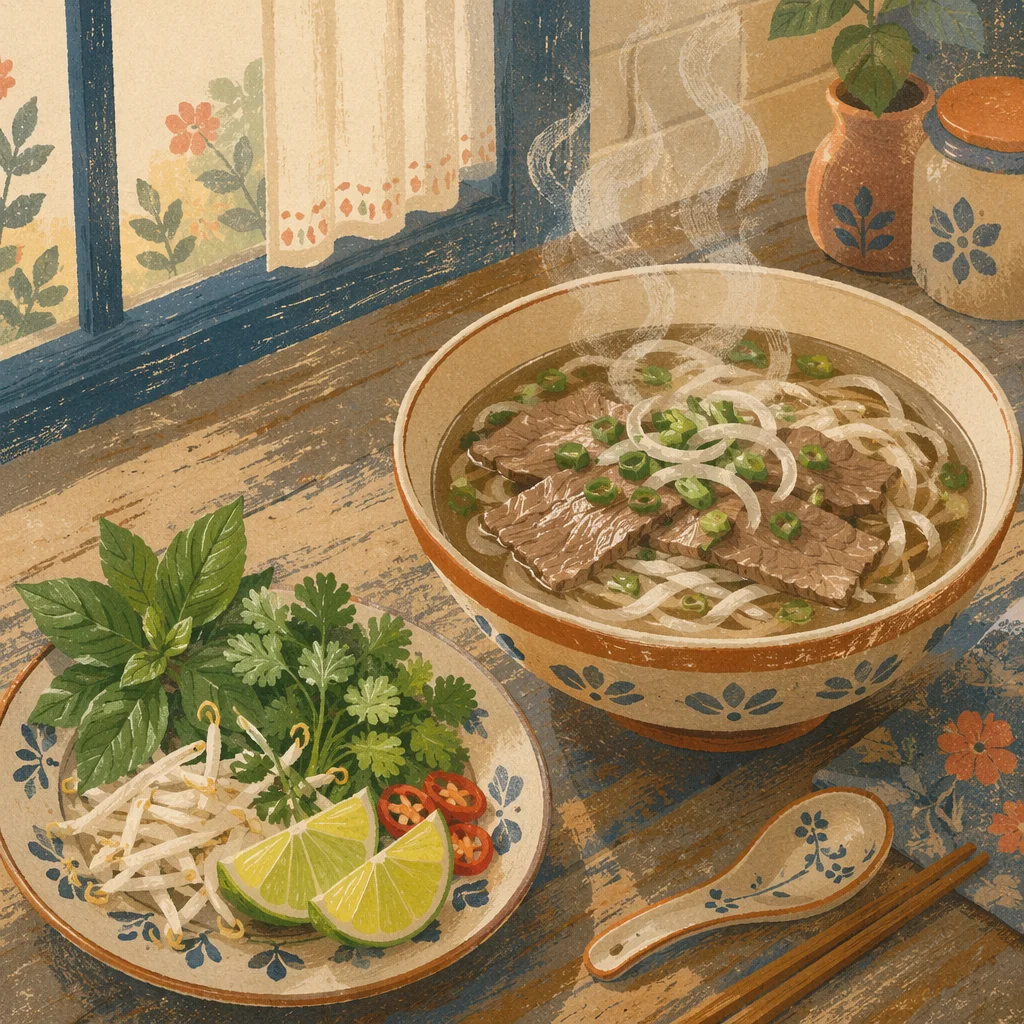 Steaming Vietnamese Pho with Fresh Herbs