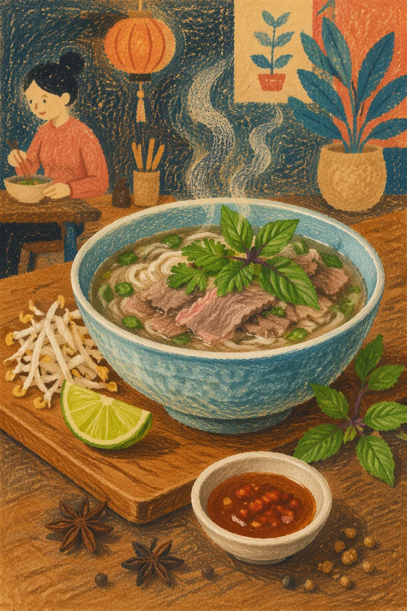 Steaming Vietnamese Pho with Fresh Herbs