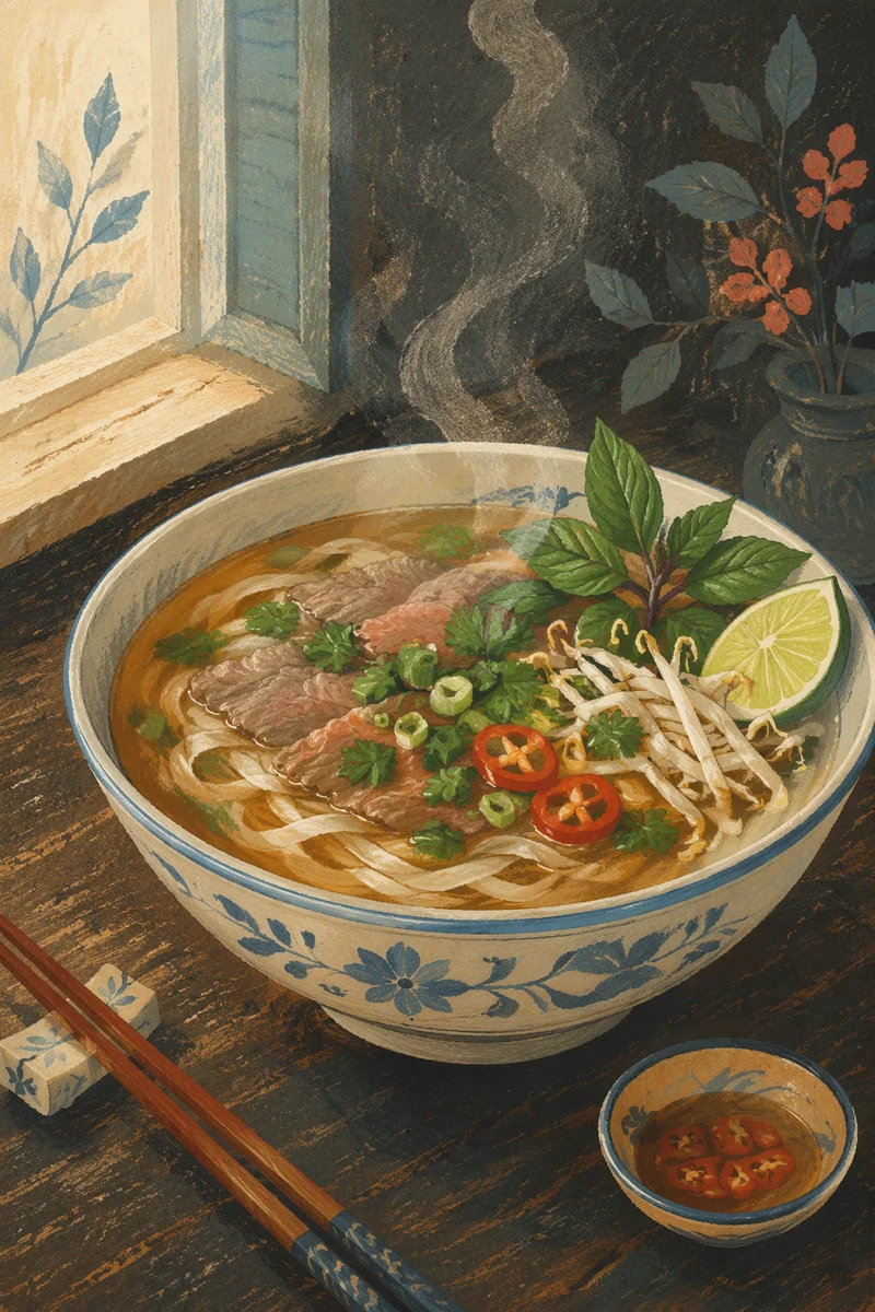 Steaming Vietnamese Pho with Herbs and Lime
