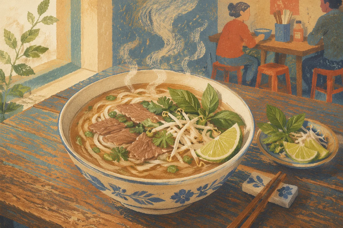 Steaming Vietnamese Pho with Fresh Herbs