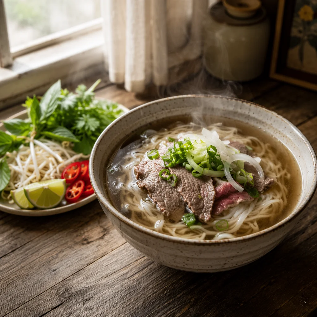Steaming Vietnamese Pho with Fresh Herbs