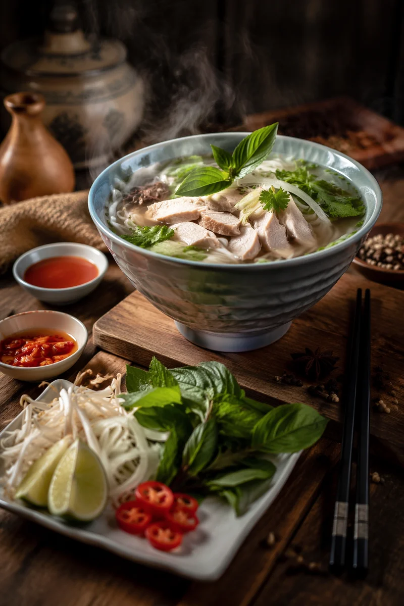 Steaming Vietnamese Pho with Fresh Herbs