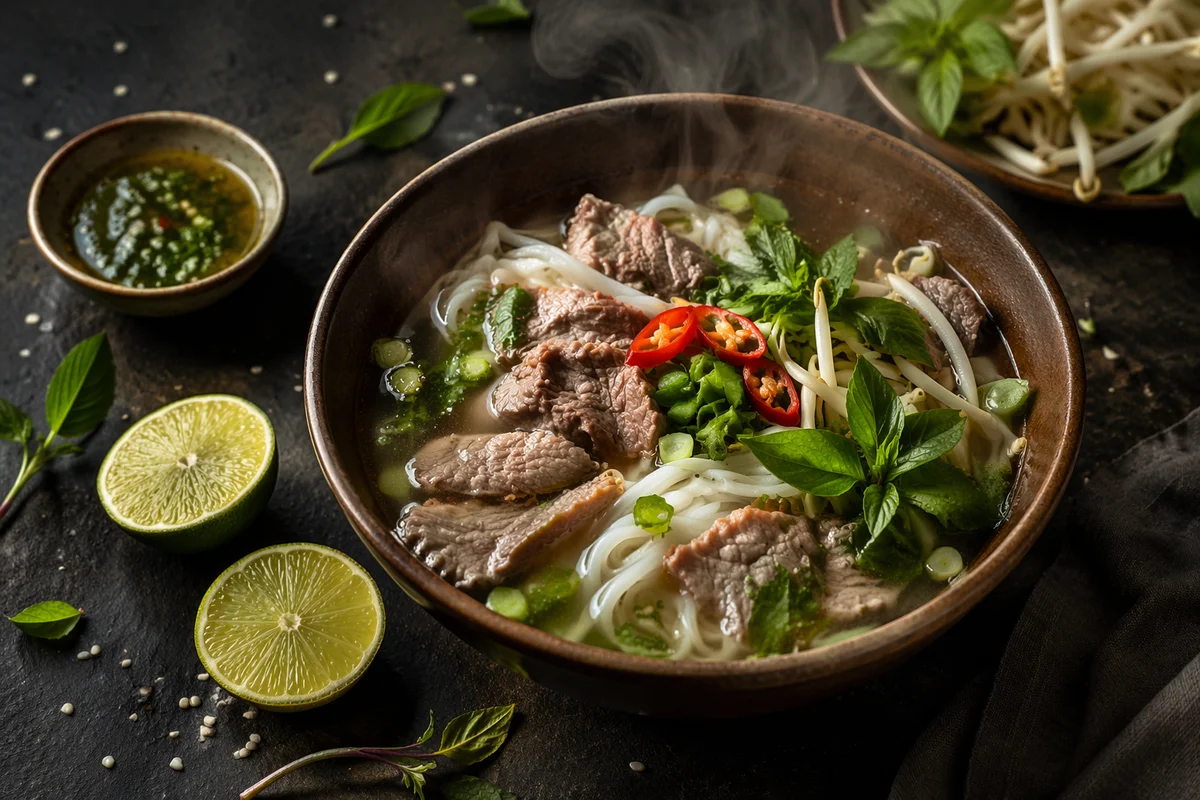 Steaming Vietnamese Pho Bowl with Fresh Herbs